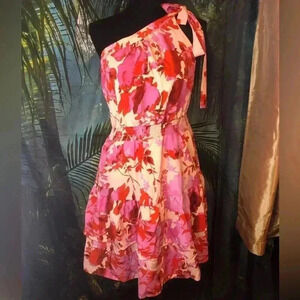 Pink and Red Floral Tie Front One Shoulder Knee-Length Sundress